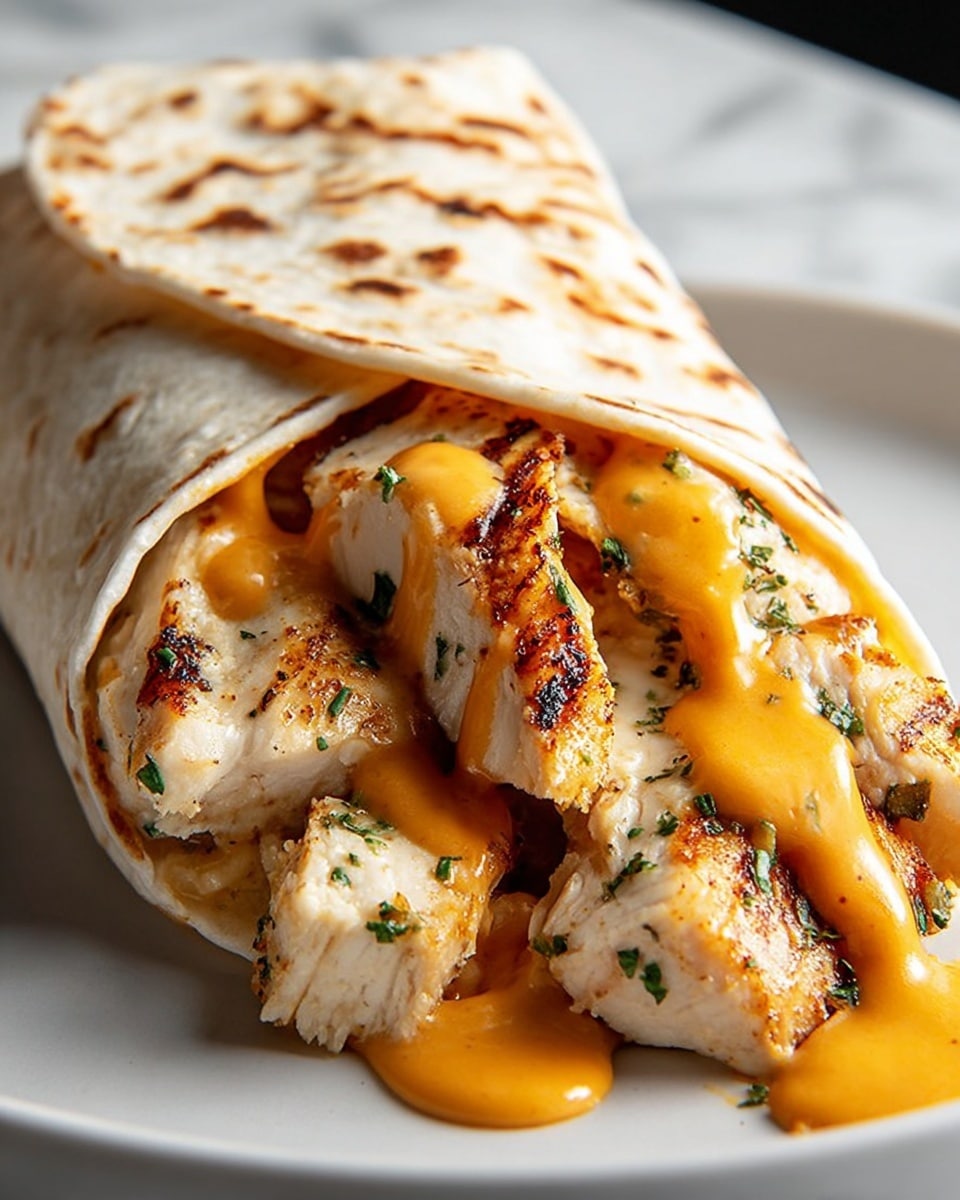 A close-up of a tortilla wrap filled with three layers of grilled chicken pieces that are light brown with char marks and sprinkled with small green herbs. On top of the chicken, a rich orange sauce with creamy texture drips down the pieces and onto the white plate beneath. The tortilla is soft, light beige with darker grilled spots, partially folded over the filling. The scene is set on a white marbled surface. Photo taken with an iphone --ar 4:5 --v 7
