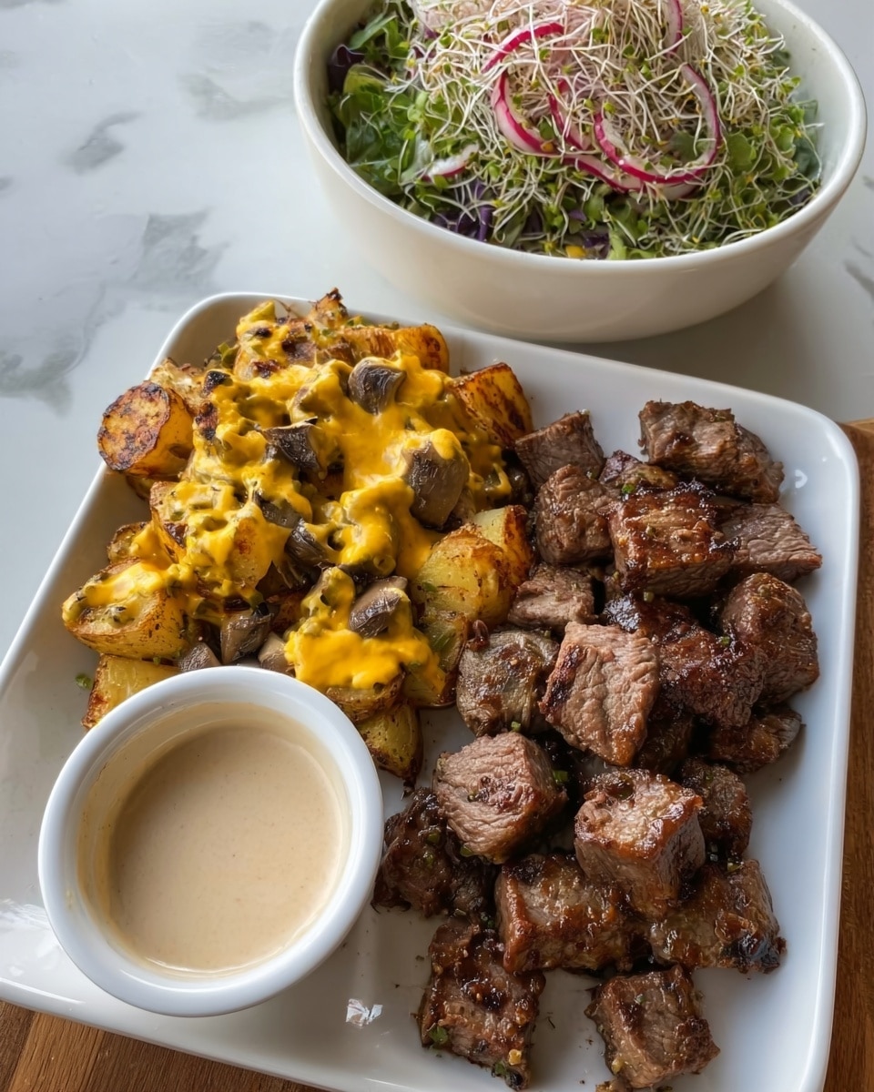 The image shows a blue bowl filled with two main layers: on one side, small golden brown roasted potato cubes with a crispy texture, and on the other side, dark brown cooked beef pieces that look tender. Both layers are lightly drizzled with a creamy beige sauce and sprinkled with small chopped green herbs. The bowl sits on a white marbled surface. photo taken with an iphone --ar 4:5 --v 7