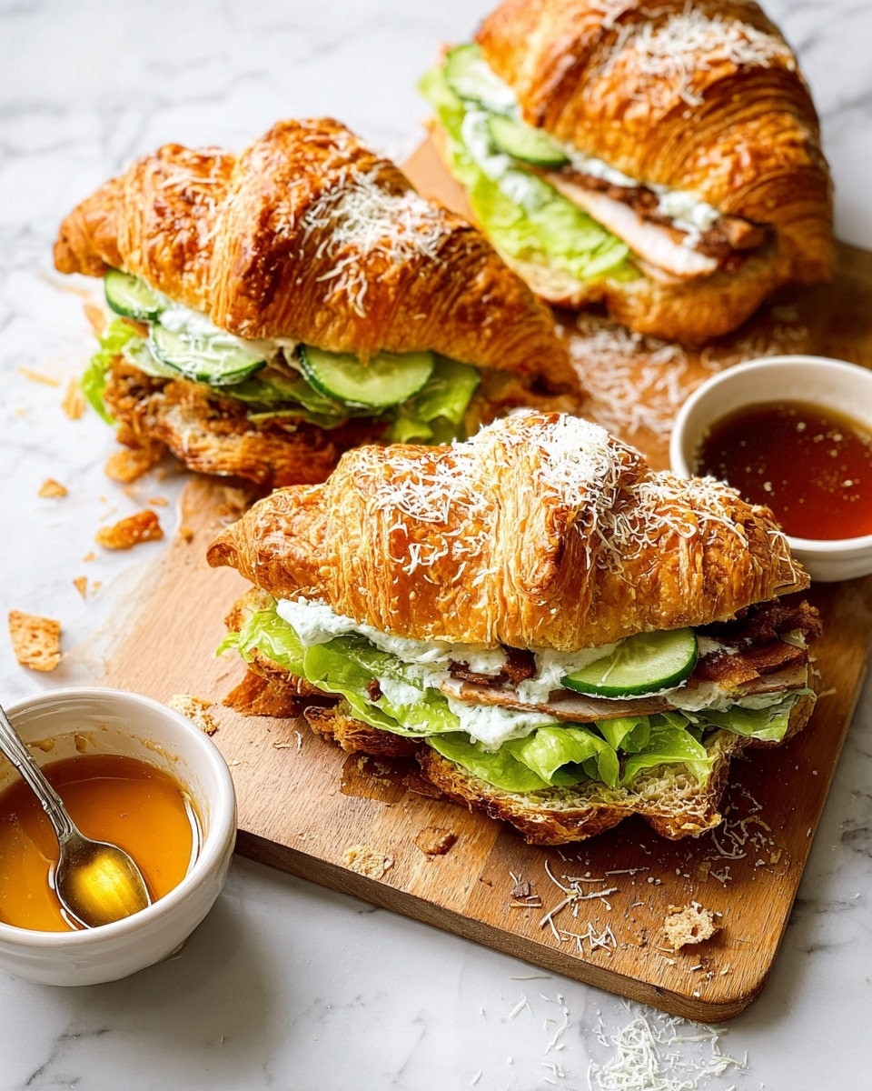 A close-up of two sandwiches placed on a wooden board on a white marbled surface. Each sandwich has a golden-brown croissant top sprinkled with light crumbs. Below the top croissant layer is a fresh green lettuce and creamy white salad mix with avocado slices. Underneath the salad, there is a crispy, breaded, golden fried chicken patty, resting on the bottom croissant half which is soft and slightly flaky. To the side, there is a small white bowl filled with a clear orange sauce and a spoon inside. Photo taken with an iphone --ar 4:5 --v 7