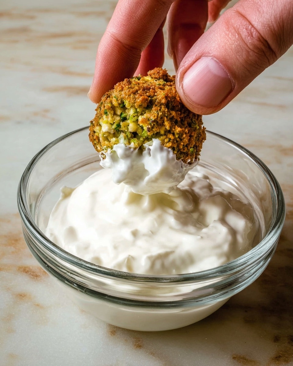 A close-up shows a woman's hand dipping a small, round falafel into a clear glass bowl filled with thick white yogurt sauce. The falafel is golden brown with visible green bits inside, showing a crumbly texture. The bowl rests on a white marbled surface with the creamy yogurt coating part of the falafel as it is dipped. Photo taken with an iphone --ar 4:5 --v 7
