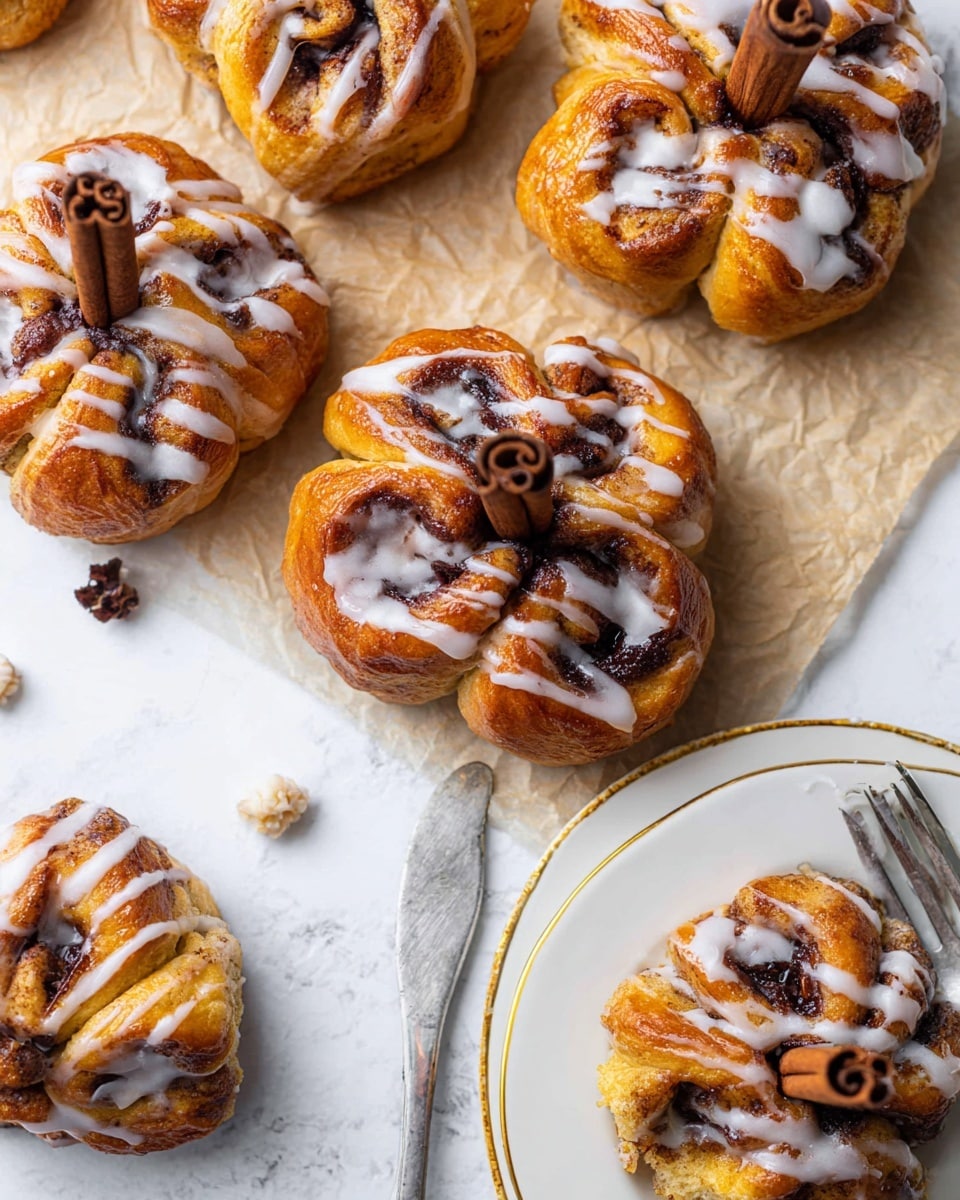 A small cinnamon roll sits twisted on top of two stacked white plates, showing two main layers: a light golden-brown dough and a darker swirled cinnamon filling. The top layer is drizzled with white icing, and a dark chocolate stick is pushed vertically into the roll. Around the plate are scattered chocolate pieces and small twine loops resting on a white marbled surface. In the soft-focus background, more cinnamon rolls and orange pumpkins add warm fall colors. Photo taken with an iphone --ar 4:5 --v 7
