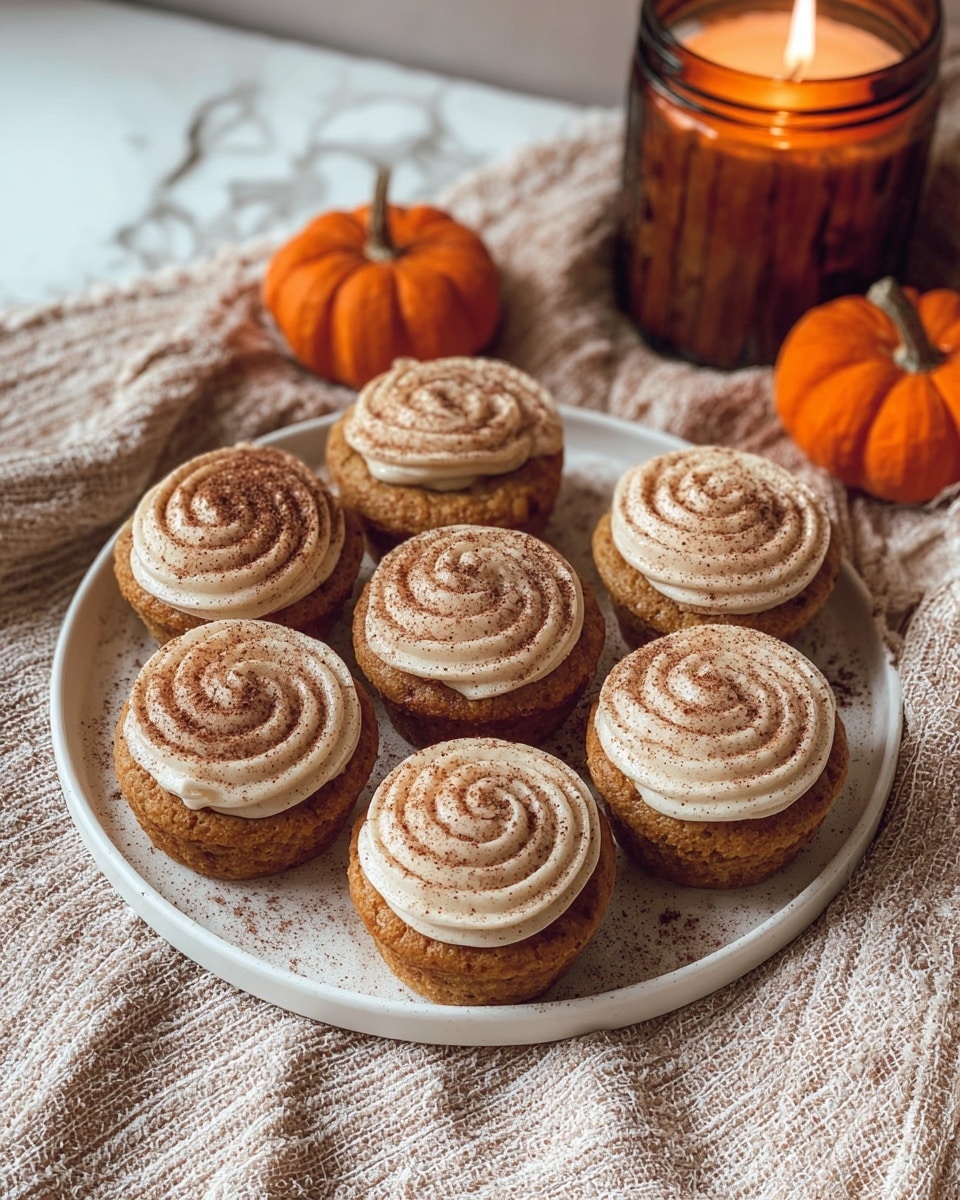 A white plate holds seven round pumpkin-colored cupcakes arranged closely in two rows, each topped with a thick swirl of light beige cream dusted with brown powder, creating a spiral pattern on top. The plate sits on a beige textured cloth with a white marbled background. Three small orange mini pumpkins are placed near the top right of the plate, next to a brown glass jar with a lit candle inside. The whole setting has a cozy, autumn feel. photo taken with an iphone --ar 4:5 --v 7