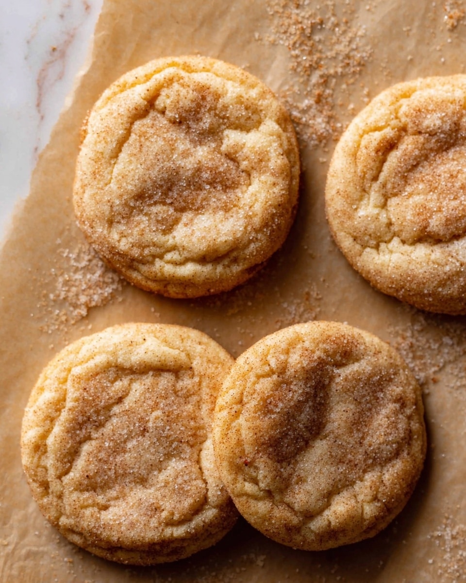 Four round cookies are placed on light brown parchment paper with small sugar granules scattered around. Each cookie has a golden brown color with a slightly cracked top texture and a soft, chewy look. The surface is dusted lightly with granulated sugar, giving a sparkling effect under the light. Crumbs are around the cookies, adding rough detail to the smooth yet slightly bumpy edges. The background has a white marbled texture. photo taken with an iphone --ar 4:5 --v 7