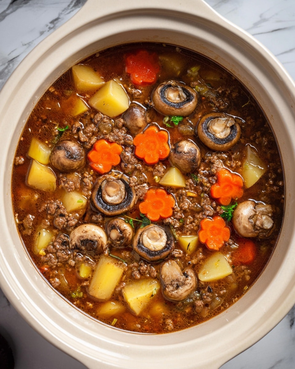 This image shows a white oval slow cooker filled with a stew that has several layers of ingredients mixed with broth. The top layer includes whole and halved brown mushrooms with a slightly glossy texture, scattered across the surface. Below and around the mushrooms, there are bright orange carrot slices shaped like flowers and small cubes of yellow potatoes. The mixture also contains small brown ground meat pieces and translucent diced onions and celery, all surrounded by a rich, brown broth that looks slightly thick. The stew sits on a white marbled surface. Photo taken with an iphone --ar 4:5 --v 7