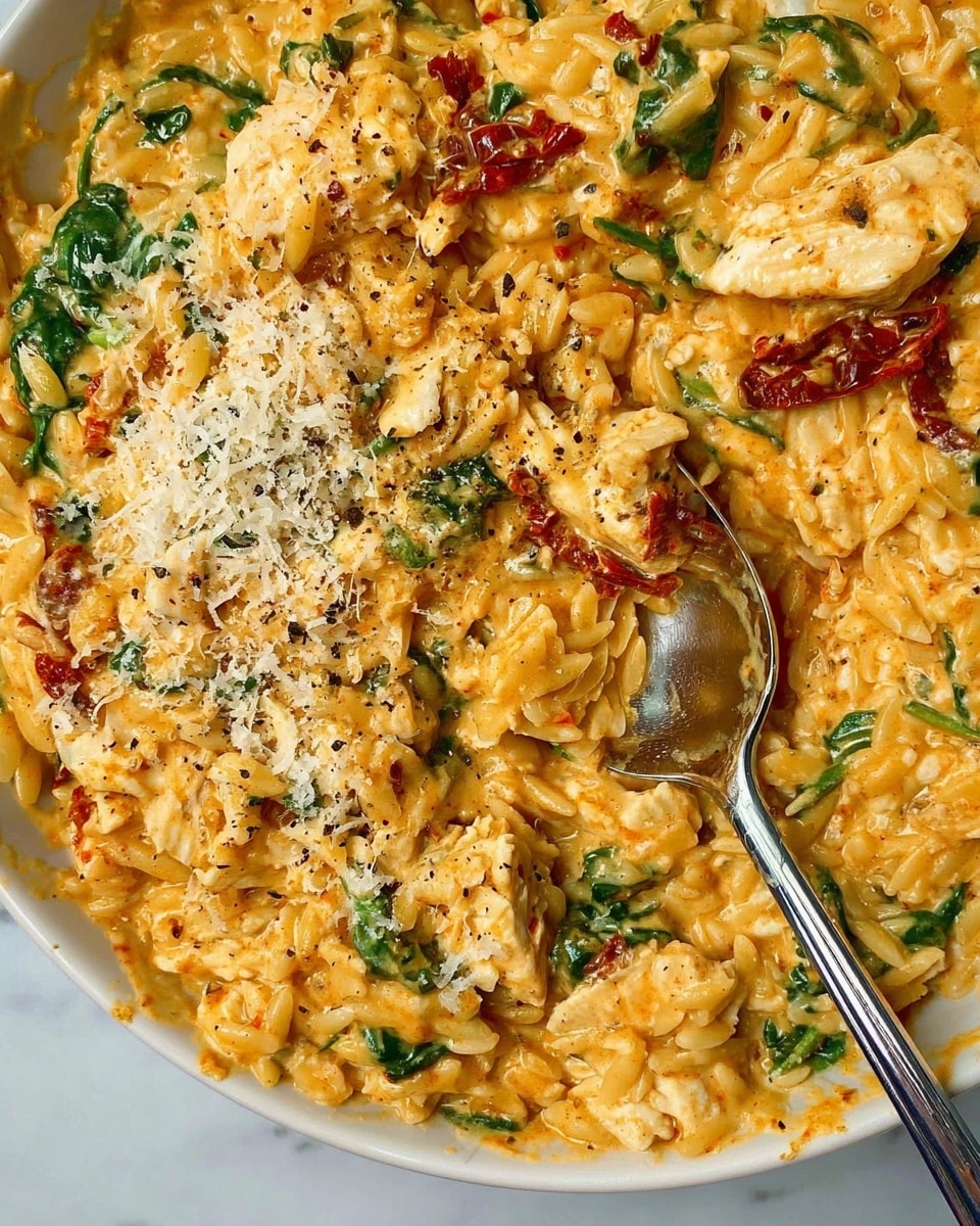 The image shows a close-up of a creamy pasta dish in a white bowl on a white marbled surface. The base layer is short orzo pasta coated in a rich, creamy orange sauce, mixed with pieces of cooked chicken that are light tan with a smooth texture. Scattered throughout are fresh spinach leaves, dark green and slightly wilted, adding a fresh contrast. On top of the pasta and chicken mixture sits a generous heap of fine grated cheese, pale yellow and crumbly in texture, nearly covering the center. The dish looks hearty and colorful with a mix of creamy, leafy, and cheesy elements. Photo taken with an iphone --ar 4:5 --v 7
