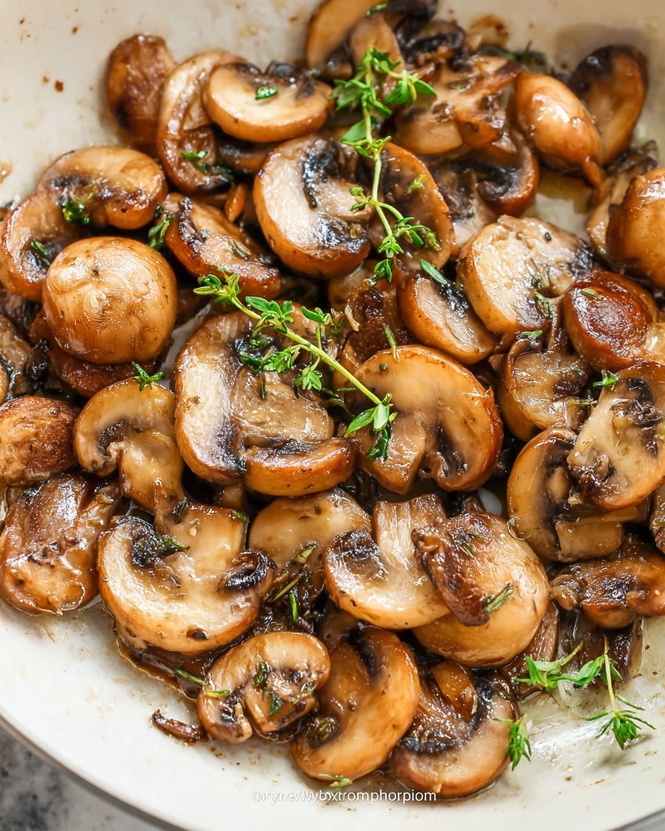 A silver frying pan filled with sautéed mushroom slices that are golden brown with a slightly shiny texture, spread evenly across the pan. Some green herb sprigs and chopped green onions are sprinkled on top, adding small pops of fresh green color. The pan sits on a white marbled surface with some whole mushrooms and a clear bowl of green herbs visible in the blurred background. Photo taken with an iphone --ar 4:5 --v 7