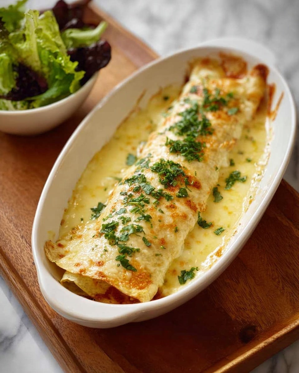 The image shows a white oval plate on a white marbled surface, holding a stuffed chicken roulade sliced into several pieces. The roulade layers include a light golden outer chicken layer wrapped around a filling of green herbs and a creamy sauce, which is spread on top and around the chicken. A woman's hand is using a knife and fork to cut the roulade. To the right, there is a white bowl filled with fresh green salad leaves and dark purple olives. Photo taken with an iphone --ar 4:5 --v 7