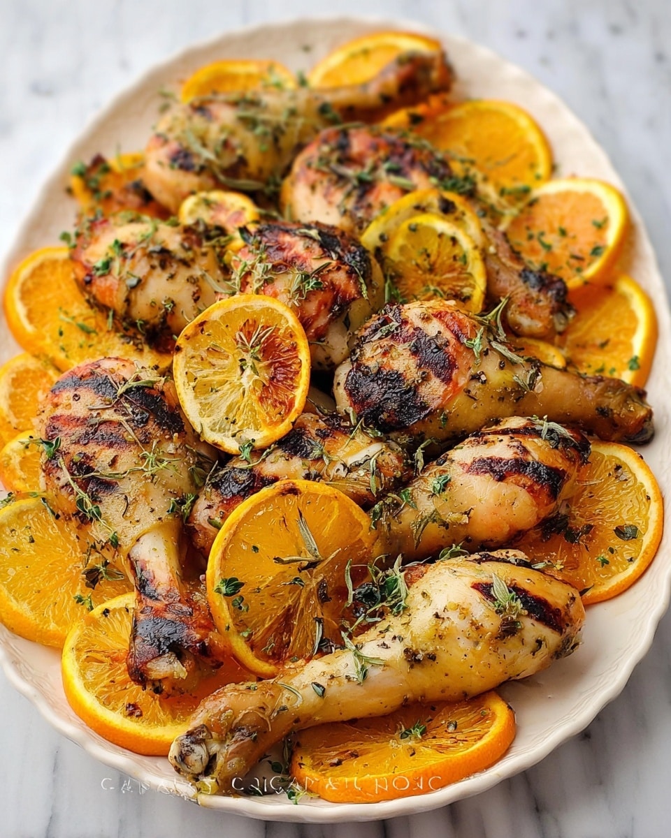 A white plate full of grilled chicken drumsticks layered with several bright orange slices and some light yellow lemon slices on top and around the chicken. The chicken skin is golden brown with some darker grill marks. Scattered green herbs and seasonings are spread over the chicken and citrus slices. The plate is on a white marbled surface. photo taken with an iphone --ar 4:5 --v 7