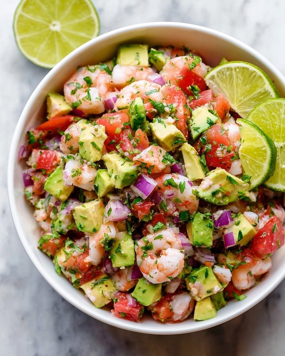 A white bowl is filled with a fresh shrimp salad that has several colorful layers: small pink shrimp scattered evenly, bright green cubes of avocado, red diced tomatoes, and small pieces of purple onion. The top is garnished with chopped green herbs and two thin, round slices of lime sitting on one side. Everything is mixed together, showing a pretty mix of soft textures and vivid colors, all set on a white marbled surface. photo taken with an iphone --ar 4:5 --v 7