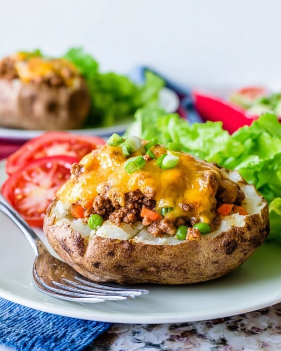A baked potato served on a white plate with a green napkin underneath, topped with a thick layer of cooked ground meat mixed with peas and small carrot pieces, all covered with melted yellow cheese that looks warm and creamy. The potato skin is rough and rustic, with the inside soft and white, visible around the edges where the topping spills over slightly. To the right side of the plate, there is a small portion of green lettuce. The background is a white marbled surface, and the photo taken with an iphone --ar 4:5 --v 7