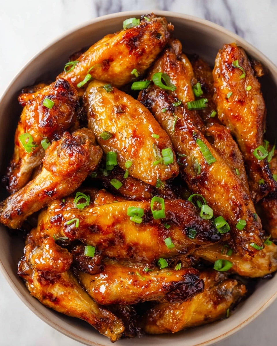 The image shows a white bowl filled with many golden-brown chicken wings covered in a shiny, sticky sauce. The wings look crispy and cooked well, with their rich caramel color and slight char marks. Small chopped green onions are sprinkled evenly over the wings, adding a fresh bright green contrast to the warm tones of the chicken. The bowl sits on a white marbled surface, enhancing the vibrant food colors. photo taken with an iphone --ar 4:5 --v 7