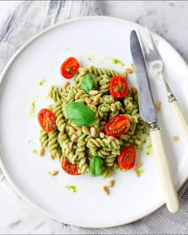 Vegan Pesto Pasta with Cherry Tomatoes and Toasted Pine Nuts Recipe