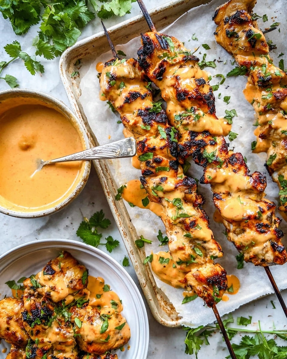 The image shows several skewers with grilled chicken pieces, having a golden brown color with dark grill marks and a creamy light orange sauce drizzled over them. The chicken looks juicy and slightly charred in spots, with small green herbs sprinkled on top for garnish. The skewers are laid on crinkled brown paper, and a white bowl filled with the same creamy sauce is placed at the top left corner. The overall scene is set against a white marbled surface. photo taken with an iphone --ar 4:5 --v 7