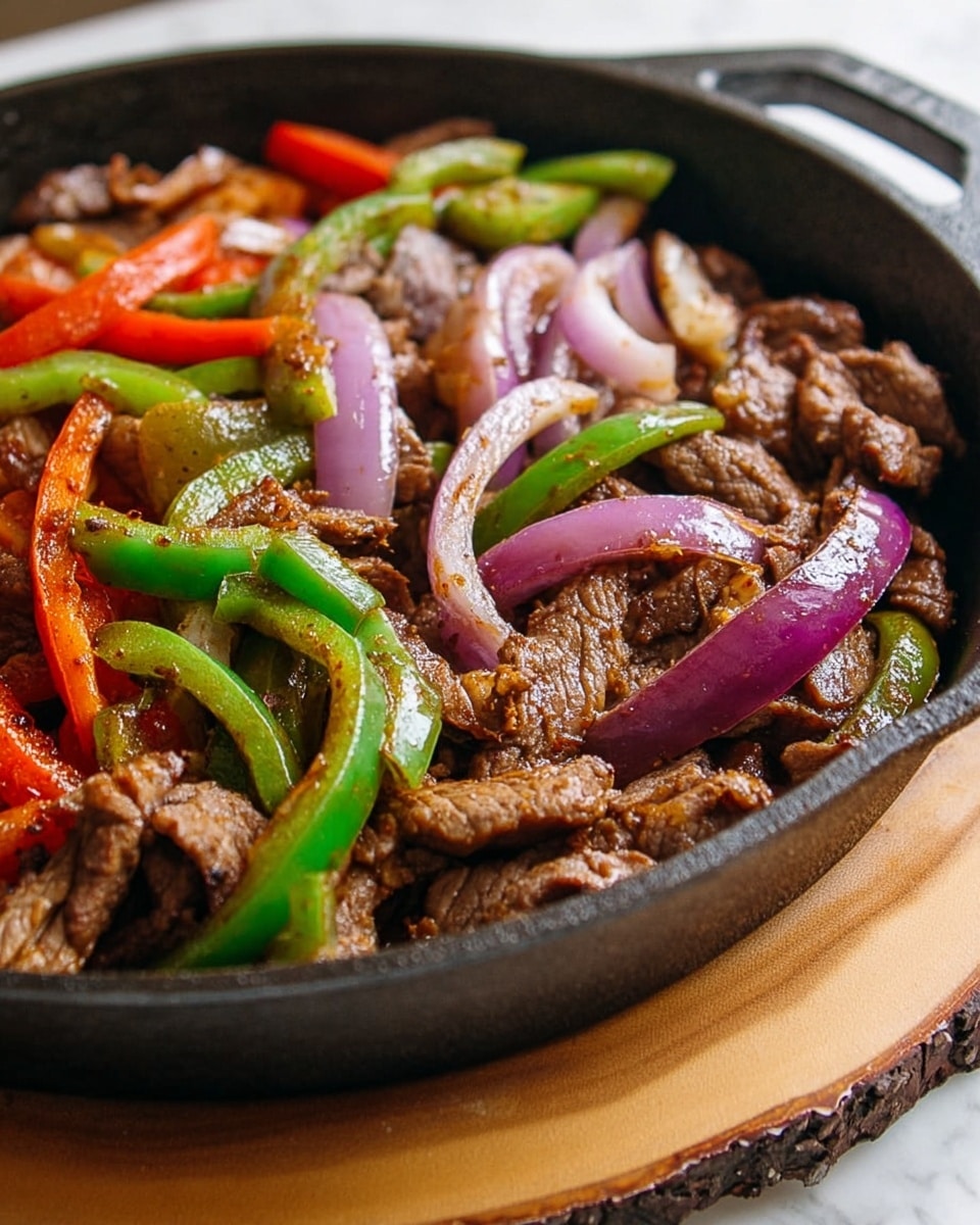 A close-up of a black cast iron pan filled with cooked strips of brown meat mixed with slices of red bell pepper, green bell pepper, and purple onions. The meat pieces are browned with a slightly shiny texture from the cooking juices, layered evenly across the pan. The red and green pepper slices, along with the purple onion pieces, are scattered among the meat, adding bright red, green, and purple colors. The pan rests on a round wooden board with a rough bark edge, placed on a white marbled surface. photo taken with an iphone --ar 4:5 --v 7