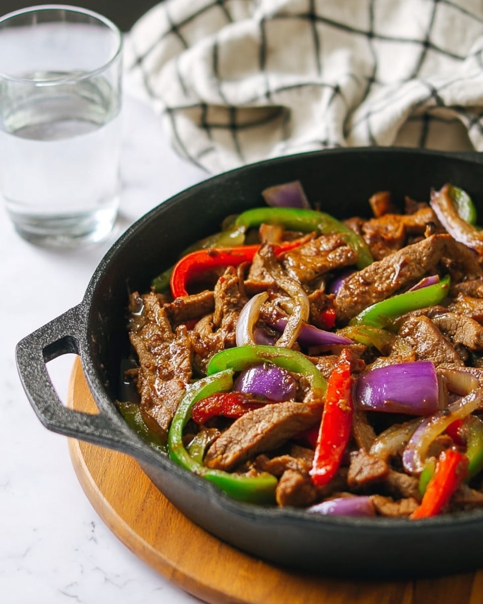 A black cast iron pan filled with cooked strips of brown meat, mixed with bright red and green bell pepper slices, and soft purple onion wedges. The ingredients are spread evenly across the pan, showing a mix of shiny, slightly wet textures and some char marks on the meat and vegetables. The pan rests on a wooden coaster, placed on a white marbled surface with a white and black checkered cloth and a clear glass of water in the background. photo taken with an iphone --ar 4:5 --v 7