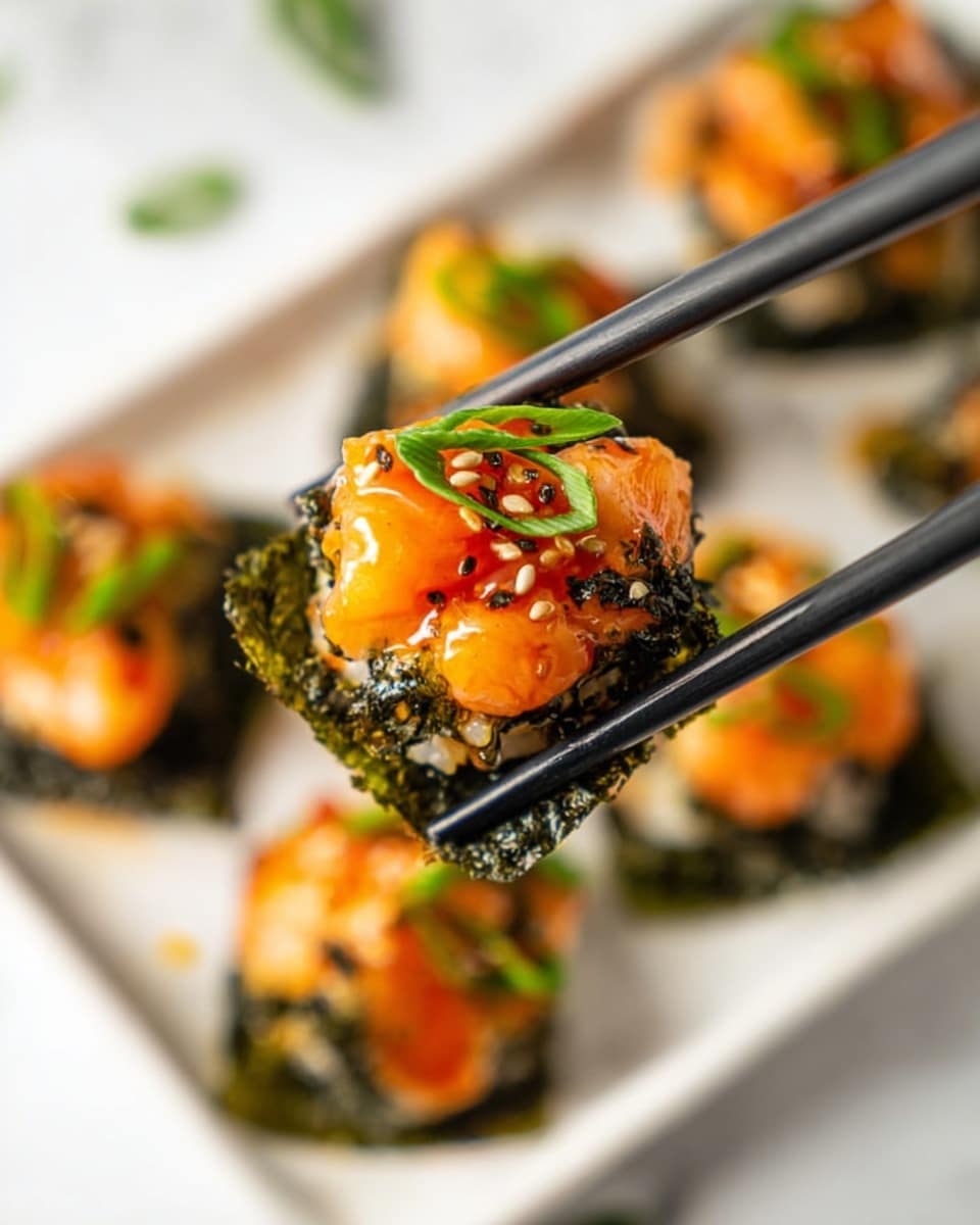 A close-up of a small food bite held by dark brown chopsticks, showing three layers: the bottom is dark green crispy seaweed, the middle is white sticky rice shaped into a small square, and the top layer has bright orange chunks of cooked salmon covered in a glossy orange sauce, garnished with chopped green onions, sesame seeds, and finely chopped herbs. In the background, there is a white plate with more similar pieces slightly out of focus on a white marbled surface. Photo taken with an iphone --ar 4:5 --v 7