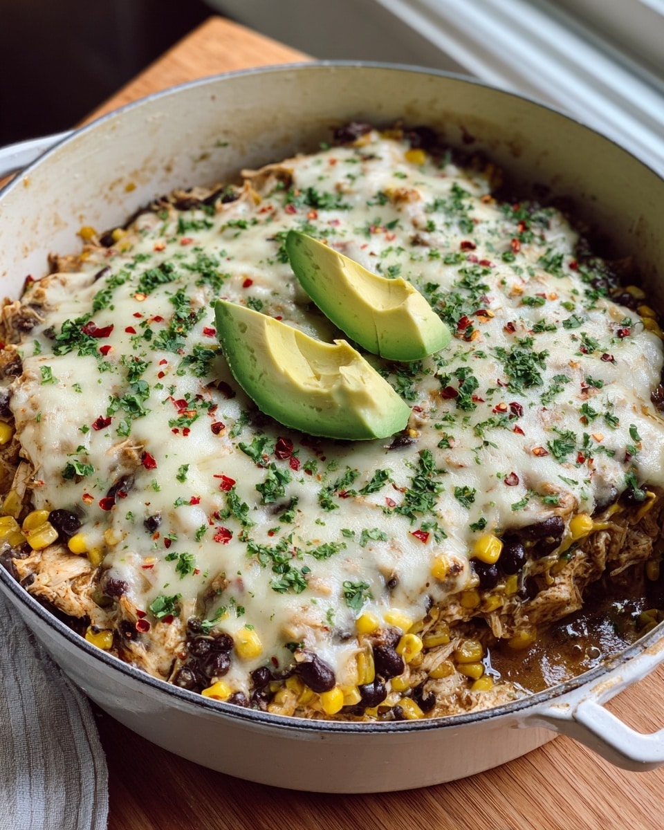 The dish is shown in a light gray pan with a shiny handle, placed on a light wooden table near a window. The dish inside has three main layers: at the bottom, a thick mix of shredded light-colored chicken, black beans, and yellow corn; the middle layer features melted white cheese spread all over the dish; on top, chopped green cilantro is sprinkled evenly, with two fan-shaped slices of light green avocado placed next to each other near the center, sprinkled with red chili flakes. A small white bowl with more chopped cilantro is blurred in the background on the table, which is a white marbled texture. photo taken with an iphone --ar 4:5 --v 7