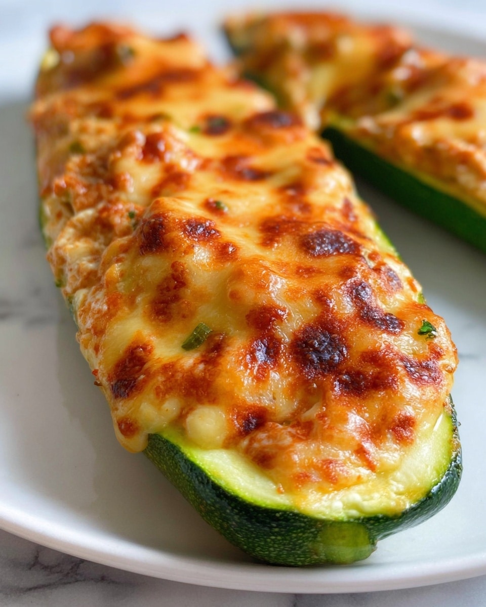 The image shows a close-up of a stuffed zucchini half on a white plate placed on a white marbled surface. The zucchini is cut lengthwise, and the hollow center is filled with a thick, textured mixture that is reddish-orange in color, likely a tomato-based filling with small bits visible. The top layer is covered with a golden-brown layer of melted cheese that has bubbly spots and slight browning, giving a crispy, textured look. The zucchini skin around the filling is green and smooth, visible at the edge of the stuffed piece. Photo taken with an iphone --ar 4:5 --v 7
