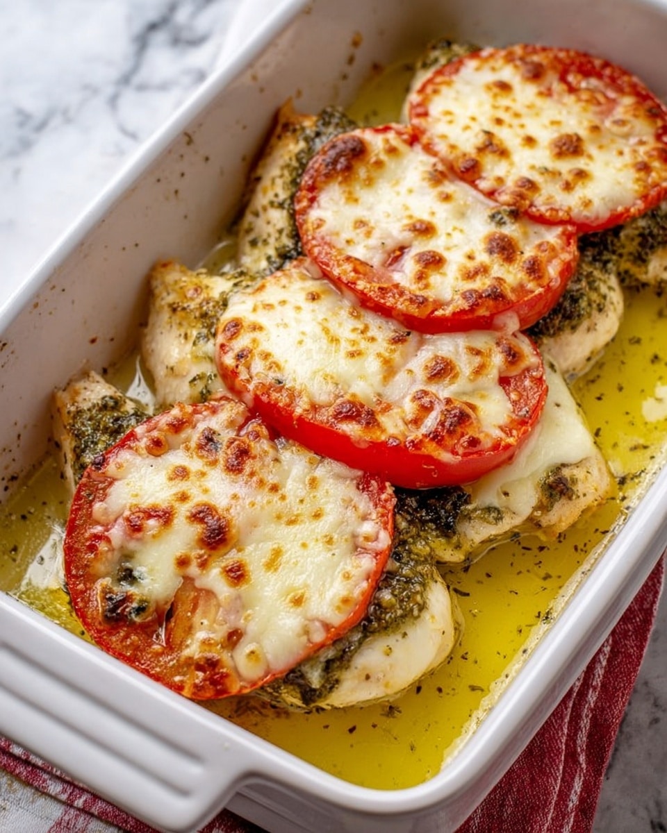 This image shows a white rectangular baking dish filled with four pieces of cooked food arranged in two rows. Each piece has a bottom layer of white cooked chicken, topped with a layer of dark green herb sauce, then a bright red thick tomato slice, and finally a melted, golden-brown cheese layer covering the tomato. The dish has some yellow oil pooled around the edges. The background shows a white marbled texture and a hint of a white and red cloth near the dish. Photo taken with an iphone --ar 4:5 --v 7
