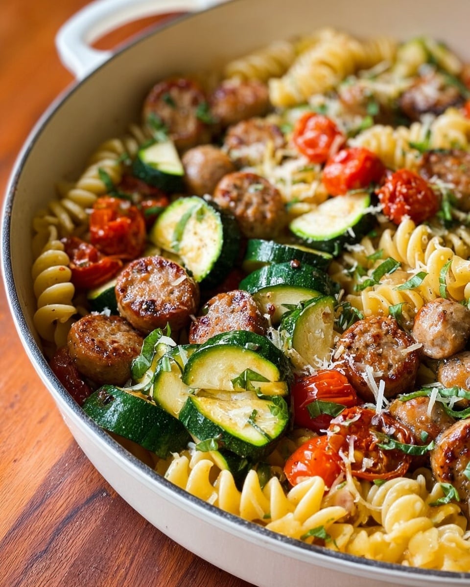 A white pan filled with a pasta dish featuring three main layers: the bottom layer consists of wavy, light yellow pasta; the middle layer has thick, round slices of brown sausage and bright green, half-moon shaped zucchini pieces scattered evenly; the top layer is made up of halved red cherry tomatoes and finely chopped green herbs sprinkled throughout, with a light dusting of white grated cheese on top. The pan is placed on a wooden surface with a whole green zucchini beside it, and a small white measuring scoop with some grated cheese sits in the foreground. A white cloth with small black patterns is partially visible near the top edge of the image. Photo taken with an iphone --ar 4:5 --v 7
