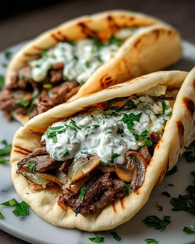 Cheesy Beef and Mushroom Pita Pockets with Tzatziki Sauce Recipe