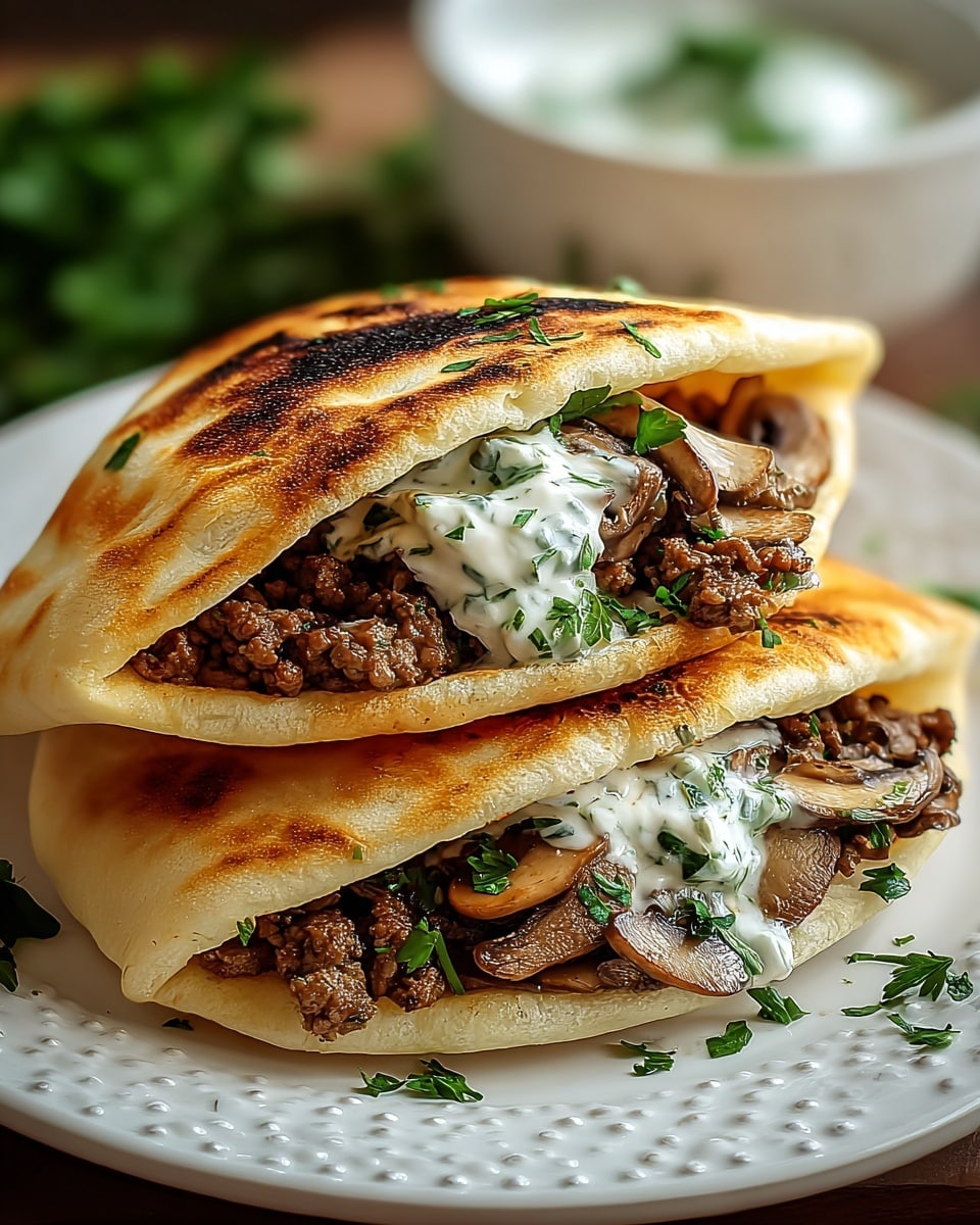 Two folded pita pockets sit stacked on a white plate with raised dots around the edge, placed on a white marbled surface. Each pita has a toasted golden-brown top with dark grill marks, showing a soft, thick bread texture. Inside, there are two main layers: a layer of browned ground meat mixed with sautéed slices of light brown mushrooms in the bottom half, topped with a dollop of white creamy sauce that has small green herb pieces mixed in. Bright green chopped herbs are sprinkled on and around the pitas, adding a fresh look. In the blurred background, there is a white bowl with more creamy sauce and some green leaves. Photo taken with an iphone --ar 4:5 --v 7