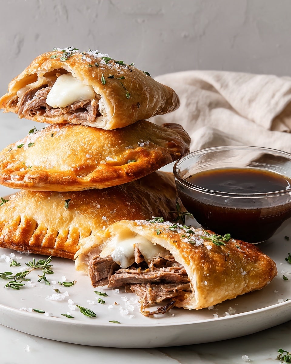 The image shows three golden brown folded pastries stacked on a white plate with coarse salt and green herbs sprinkled on top and around the plate. One pastry is cut in half, revealing tender, thinly sliced cooked meat layered beneath melted white cheese inside the soft and flaky dough. On the right side of the plate, there is a glass cup filled with dark brown dipping sauce. The scene is set on a white marbled surface with a soft neutral background, and the lighting highlights the textures of the pastries and filling. photo taken with an iphone --ar 4:5 --v 7