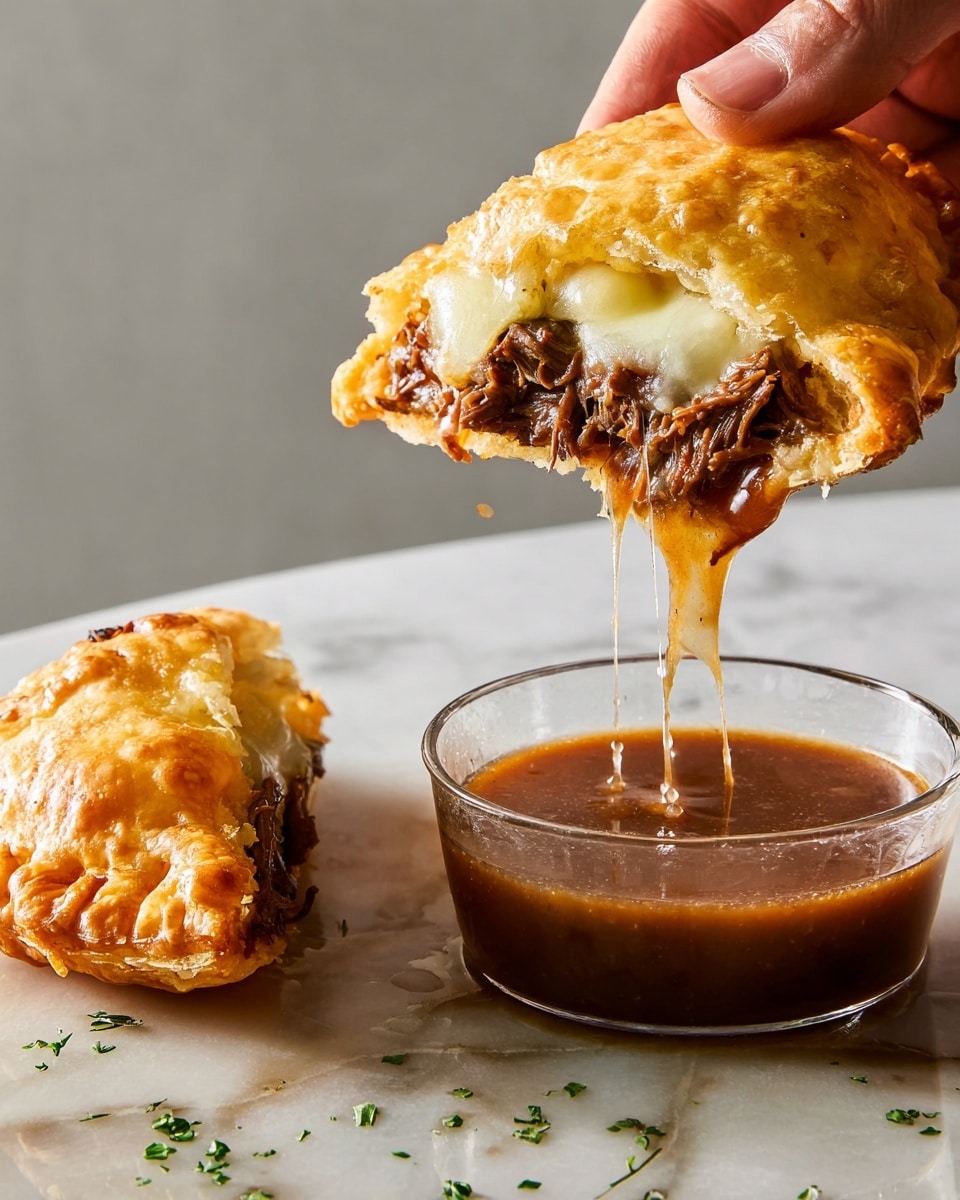 A close-up of a hand holding a crispy golden brown pastry half-filled with shredded dark brown meat and melted white cheese on the top layer, dripping rich brown sauce into a clear glass bowl filled with the same sauce below, all set on a white marbled surface with small green herb sprinkles around. Another half of the same pastry, showing the meat and cheese layers, lies on the surface beside the bowl, while the background remains plain and neutral. Photo taken with an iphone --ar 4:5 --v 7