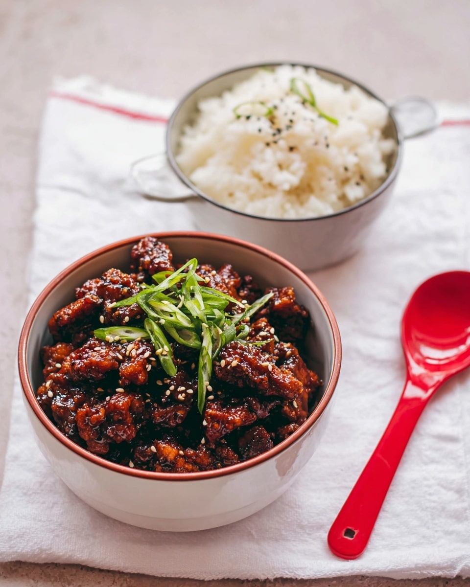 The image shows two small white bowls on a white marbled surface with a white cloth underneath them. The front bowl is filled with pieces of meat covered in a thick, shiny dark brown sauce, topped with fresh green chopped spring onions and small sesame seeds. The texture of the meat looks slightly bumpy and moist from the sauce. Behind it, the second bowl holds plain steamed white rice with soft, fluffy grains. To the right of the bowls is a red spoon resting on the cloth. photo taken with an iphone --ar 4:5 --v 7