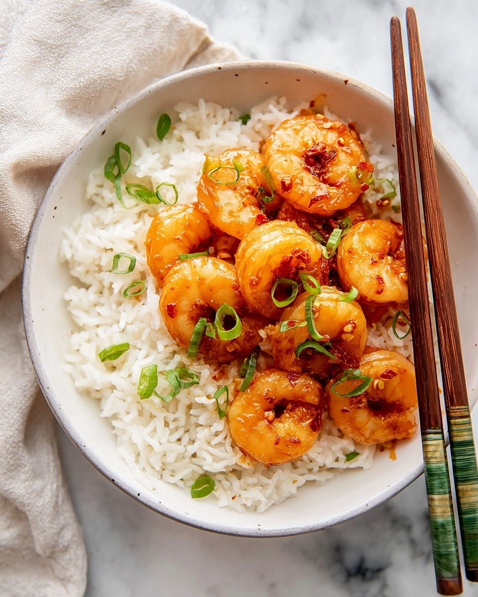 A white bowl filled with two main layers; the bottom layer is white steamed rice with soft, separated grains, and the top layer is several shiny, orange-glazed shrimp arranged in a small pile, each shrimp coated in a sticky sauce with small bits of red chili and garlic visible. Fresh green sliced scallions are sprinkled over the shrimp, adding a pop of color. On the right side inside the bowl, a pair of wooden chopsticks with green and brown details rest neatly. The bowl is placed on a white marbled surface with a light cloth visible in the background, creating a clean and simple setting. photo taken with an iphone --ar 4:5 --v 7