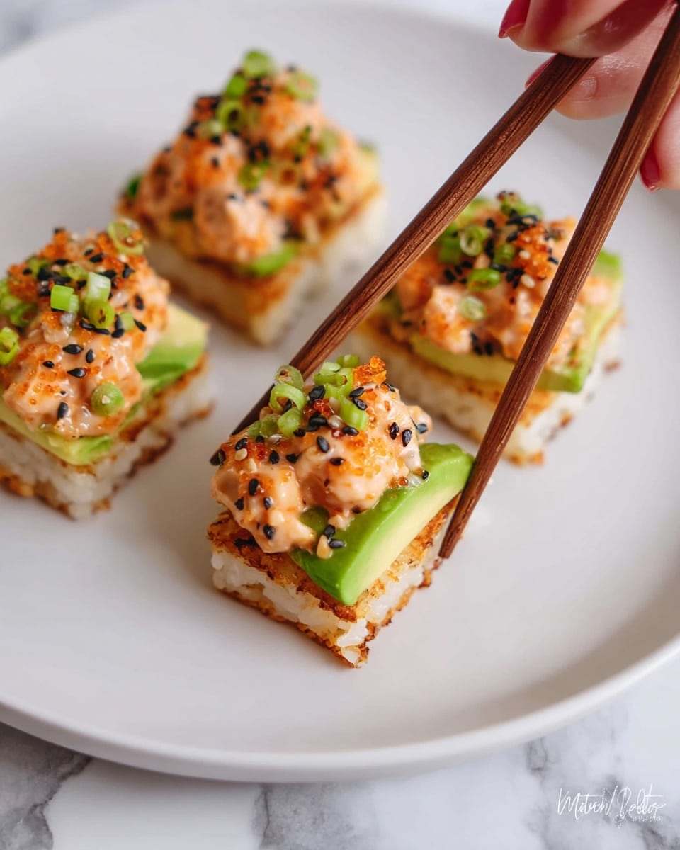 The image shows a white plate with four pieces of a layered dish arranged closely. Each piece has three layers: the bottom is a golden brown crisped square, likely toasted rice, with a crunchy texture; the middle layer is fresh green avocado slices, smooth and thick; the top layer is a creamy, orange-pink mixture with small chunks, sprinkled with black sesame seeds and tiny green scallion pieces, giving a fresh look. A pair of wooden chopsticks, held by a woman's hand, is picking one piece from the plate, all set on a white marbled surface. photo taken with an iphone --ar 4:5 --v 7
