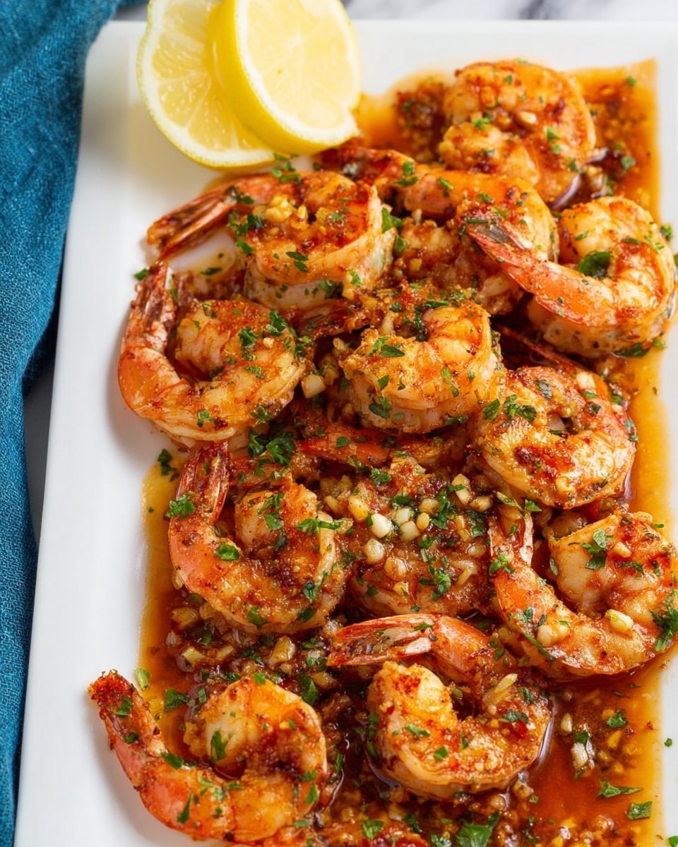 A white rectangular plate filled with cooked shrimp covered in a shiny, reddish-brown sauce with small bits of garlic and herbs scattered on top and between the shrimp. The shrimp are orange-pink with slight grill marks and garnished with chopped green herbs. A wedge of lemon with white and yellow layers is placed at the top left corner of the plate, which is set on a white marbled surface with a blue cloth napkin partly visible on the left side. Photo taken with an iphone --ar 4:5 --v 7