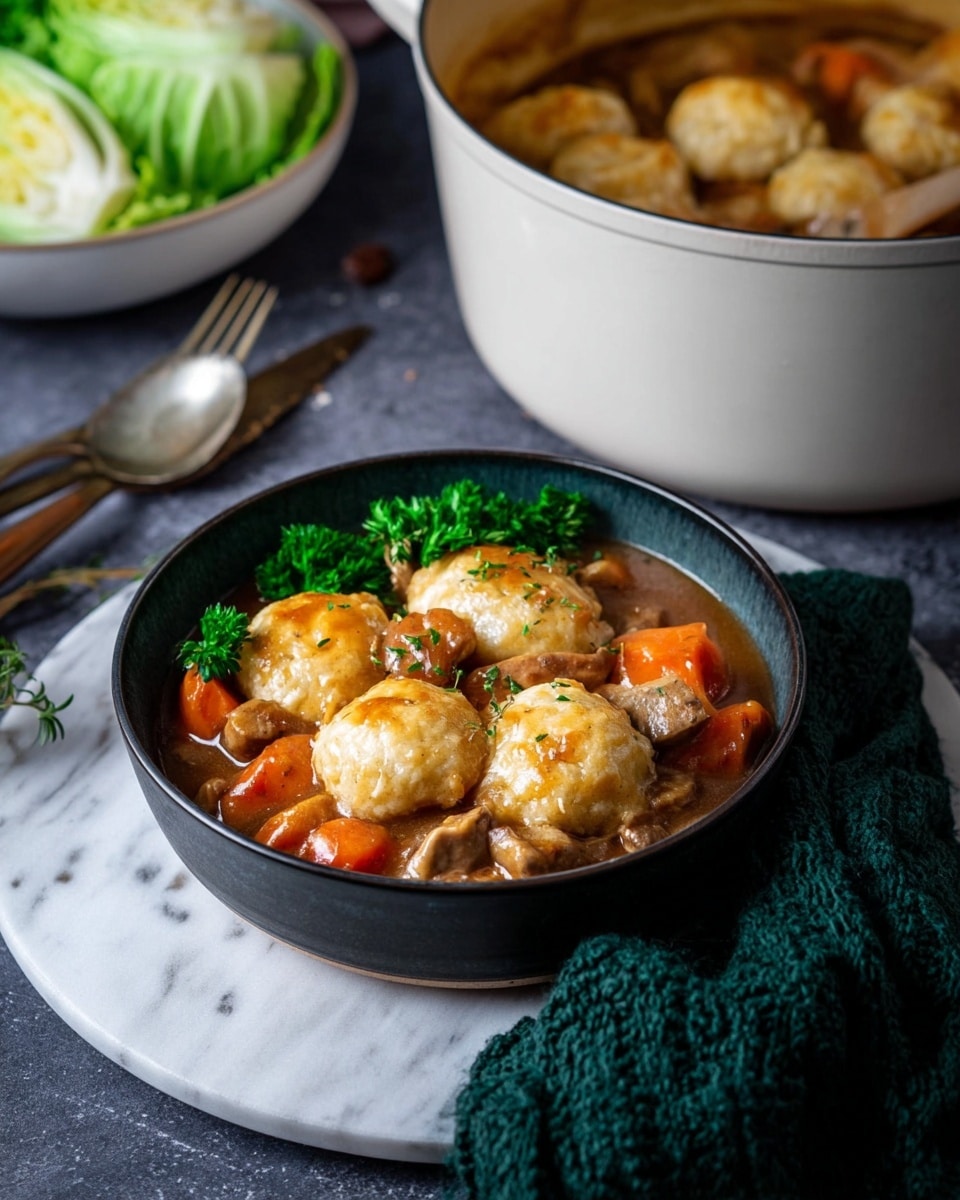 A dark bowl sitting on a white marbled surface holds a dish with four light golden dumplings resting on top of a stew made of orange carrot pieces and brown meat chunks in a thick brown sauce. At the back of the bowl, several bright green leafy cabbage pieces create a fresh contrast. Behind the bowl, a large white pot is filled with more dumplings in sauce, accompanied by a spoon. To the left, a white bowl contains leafy cabbage, and to the right, a fork and knife rest on a dark green knitted cloth. The whole scene is lit softly, showing texture and color in a natural way photo taken with an iphone --ar 4:5 --v 7