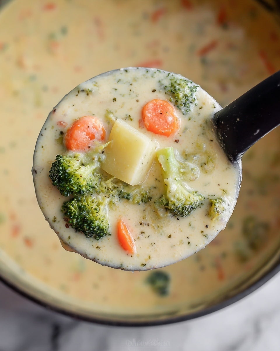 A white bowl filled with creamy vegetable soup sits on a wooden surface, containing visible layers of colorful vegetables like sliced orange carrots, green broccoli florets, and small white potato chunks in a thick, light cream base sprinkled with green herbs. Around the bowl, small round cracker pieces, whole carrots, and broccoli florets are casually scattered, adding texture and color contrast to the scene. A spoon is partially submerged in the soup, indicating readiness to eat. The photo taken with an iphone --ar 4:5 --v 7