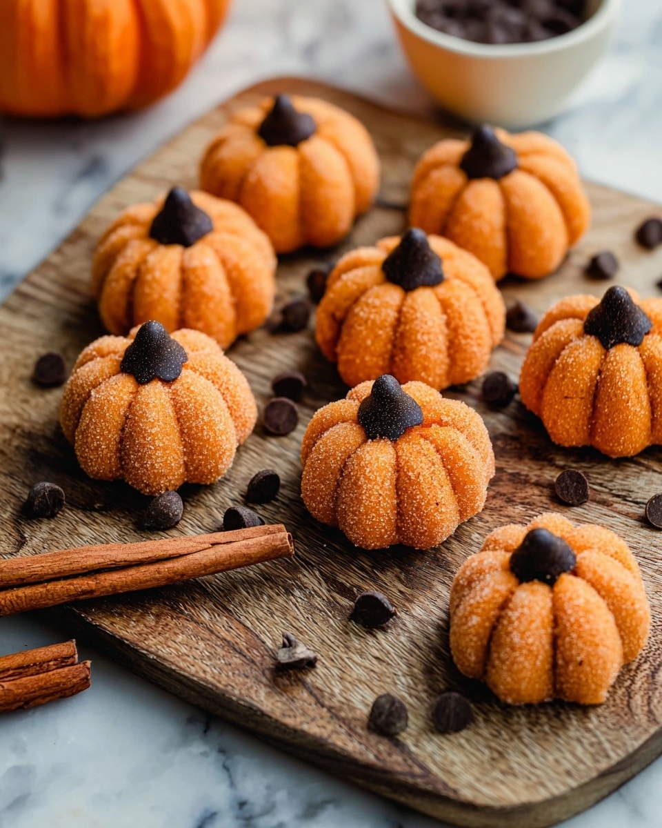 The image shows small pumpkin-shaped treats arranged on a wooden board with a natural grain pattern. Each pumpkin has a bright orange, sugar-coated textured surface with curved ridges, creating a realistic pumpkin look. On top of each pumpkin, there is a single dark chocolate chip acting as a stem. Around the pumpkins, there are scattered dark chocolate chips and two cinnamon sticks placed near the lower left corner. The background surface is a white marbled texture, and a woman's hand holding a white bowl is partially visible in the upper left corner. Photo taken with an iphone --ar 4:5 --v 7