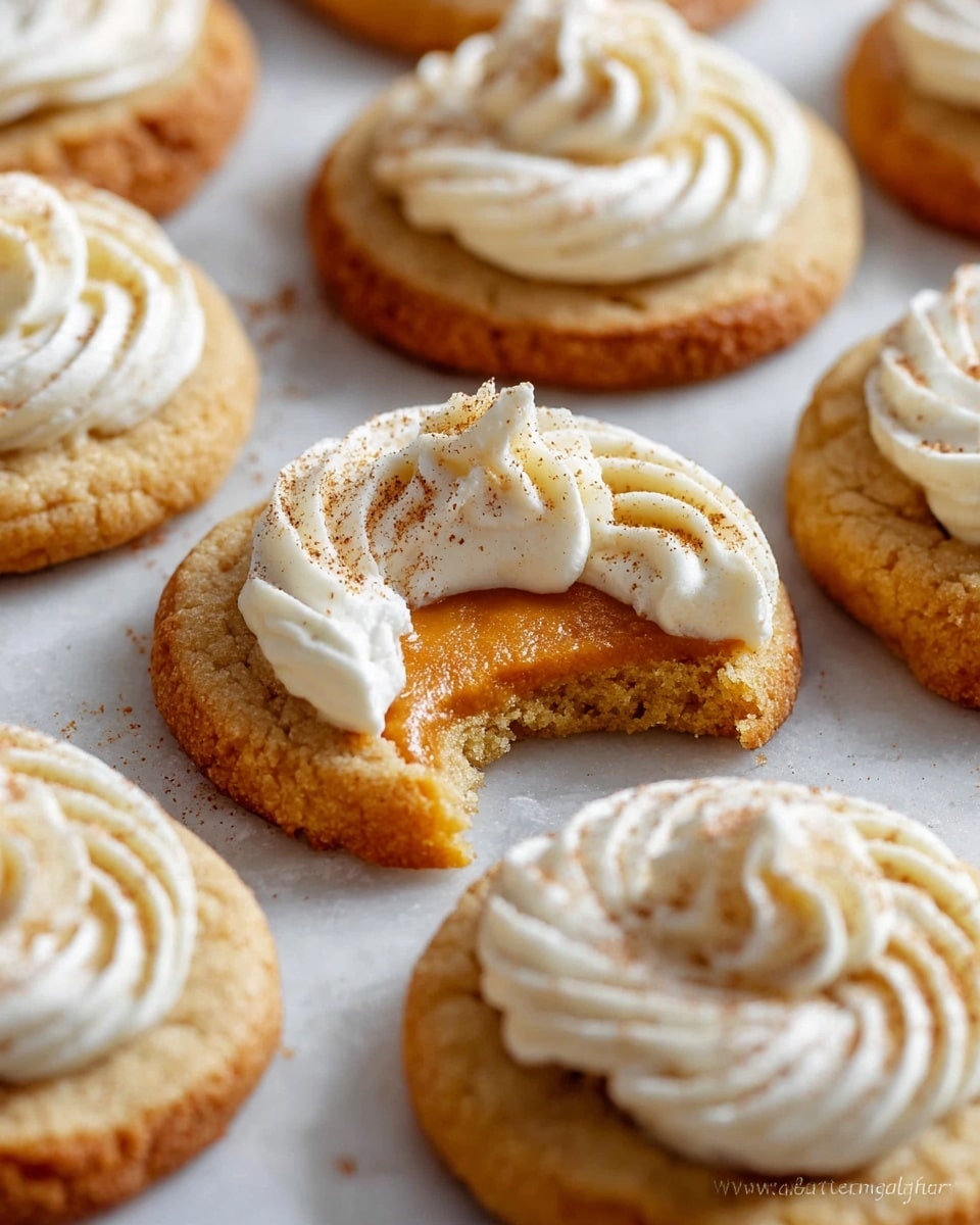 The image shows several small round cookies arranged closely on a white marbled surface. Each cookie has a golden brown base layer with a slightly rough texture and a shallow circular well in the middle. Inside the well, there is a smooth, pumpkin-colored filling layer. On top of some cookies, there is a swirl of light cream-colored frosting with a soft, fluffy texture, sprinkled lightly with cinnamon or similar spice. The cookies form a simple, neat pattern filling the frame. photo taken with an iphone --ar 4:5 --v 7