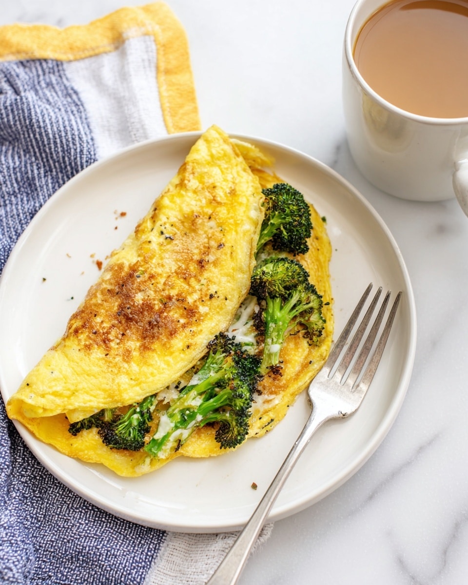 The image shows a two-layer omelet on a white plate over a white marbled surface. The base layer is a yellow cooked egg with a soft texture and slight browning on the edges. The top layer is a folded omelet with patches of golden brown. Between the two layers, there is a filling of roasted broccoli, showing dark green and slightly charred parts, with some melted cheese strands in light yellow spread over the broccoli. A knife and fork rest gently on the plate in the background. Photo taken with an iphone --ar 4:5 --v 7