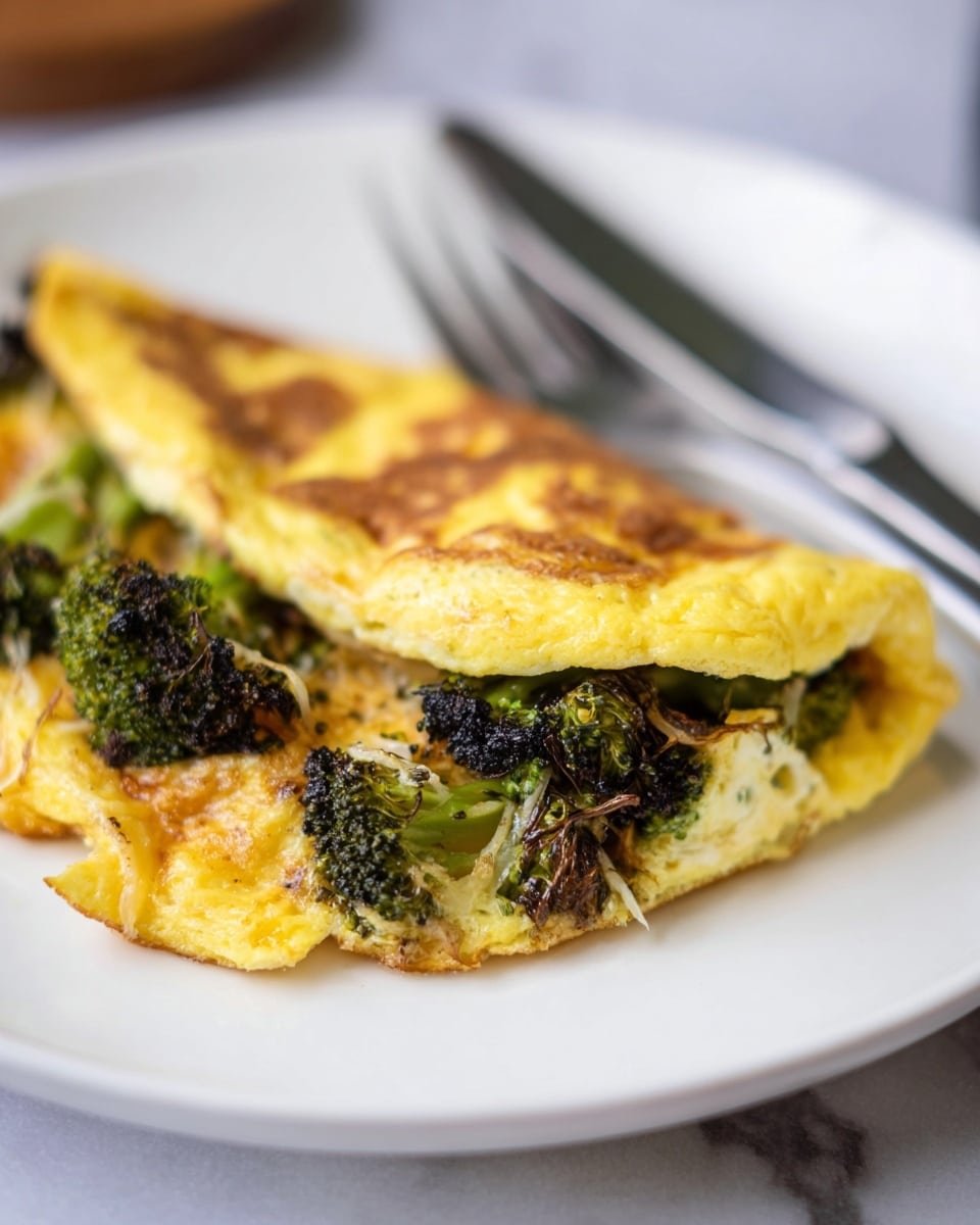 The dish shows a folded omelette with two layers, the top layer is golden yellow with light browning and a soft, slightly wrinkled texture. The inside layer is filled with roasted broccoli florets that are deep green with charred brown edges, adding a roasted texture. The omelette is placed on a white plate with a white marbled texture surface in the background. Part of the omelette is cut, revealing the broccoli filling inside. photo taken with an iphone --ar 4:5 --v 7