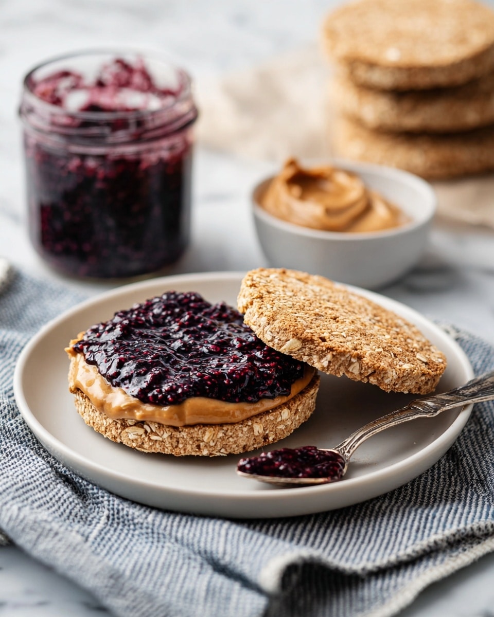 A white plate holds an oatcake split into two layers; the bottom layer is spread with a smooth, light brown peanut butter, topped with a thick, chunky dark purple berry jam with visible seeds and fruit pieces, while the top layer rests slightly tilted beside it, showing its textured oat surface. In the background on a white marbled surface, there is an open jar full of the same dark berry jam, a white bowl with creamy peanut butter, and more oatcakes stacked on the right, with a striped cloth underneath the plate. A vintage silver spoon lies on the plate with some jam on it. photo taken with an iphone --ar 4:5 --v 7
