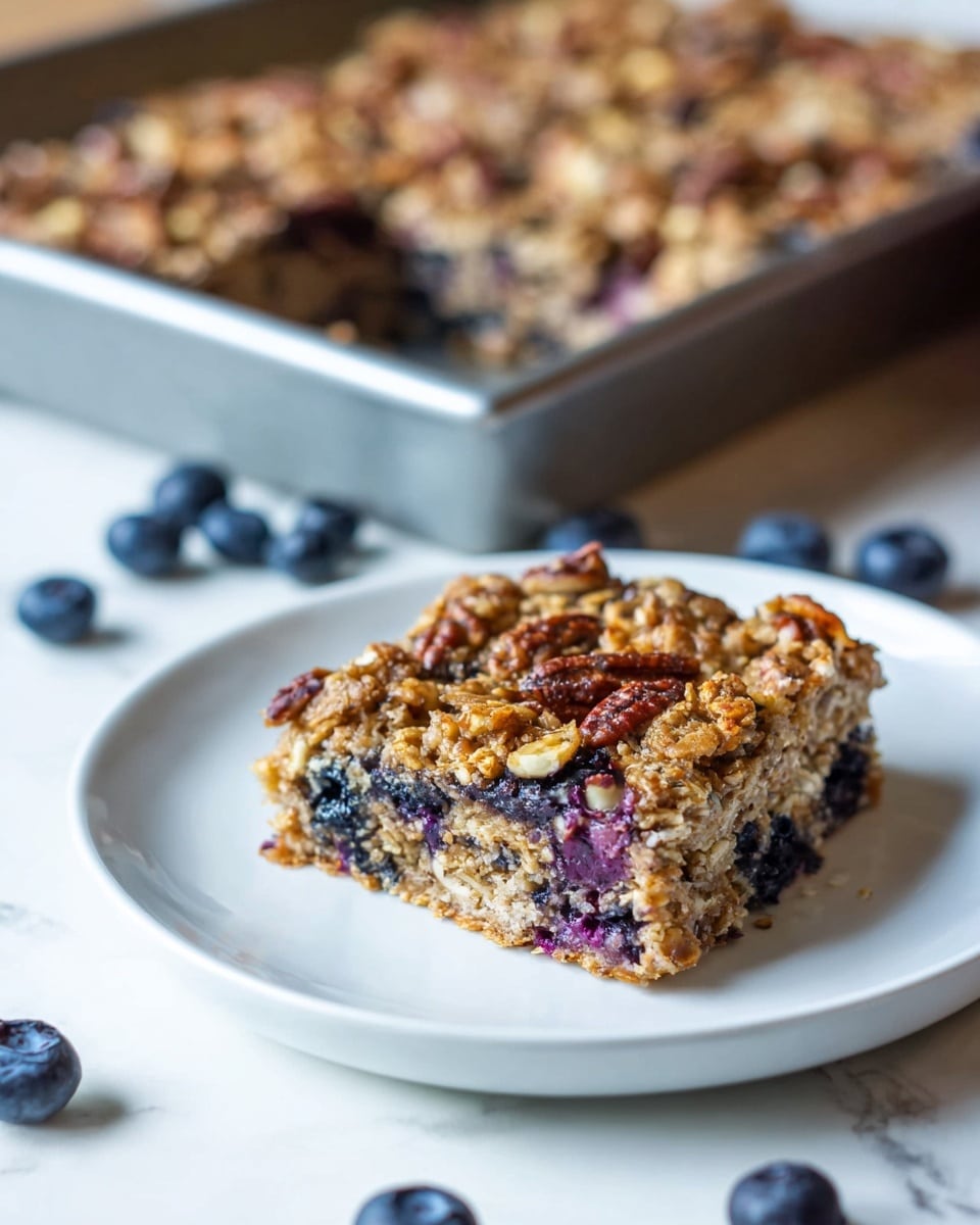A square piece of baked oatmeal bar sits on a white plate over a white marbled surface. The oatmeal bar has three visible layers: the bottom layer is soft and light brown with a moist, crumbly texture; the middle layer shows dark blue blueberries embedded inside, adding bursts of color; the top layer is chunky and crispy with a mix of oatmeal and pecan nut pieces, which are golden brown and textured. The background shows a blurred metal baking tray filled with more oatmeal bars, and scattered fresh blueberries can be seen on the white marbled surface. Photo taken with an iphone --ar 4:5 --v 7