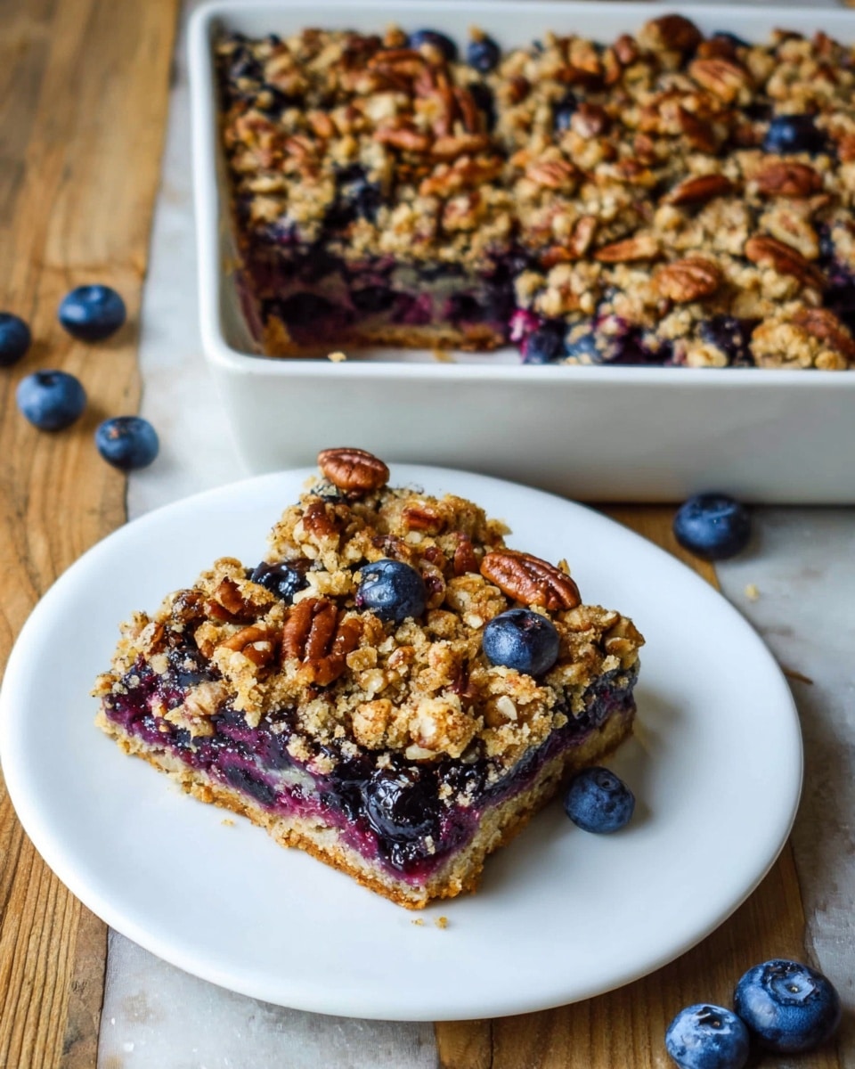The image shows a baked dish in a white rectangular baking dish. The top layer is a mix of chopped nuts and whole blueberries, creating a texture that looks crunchy and juicy. The colors include golden browns from the nuts and deep blue from the berries. The nuts and berries cover the top evenly, with a slightly rough surface. The dish is placed on a white marbled surface. photo taken with an iphone --ar 4:5 --v 7