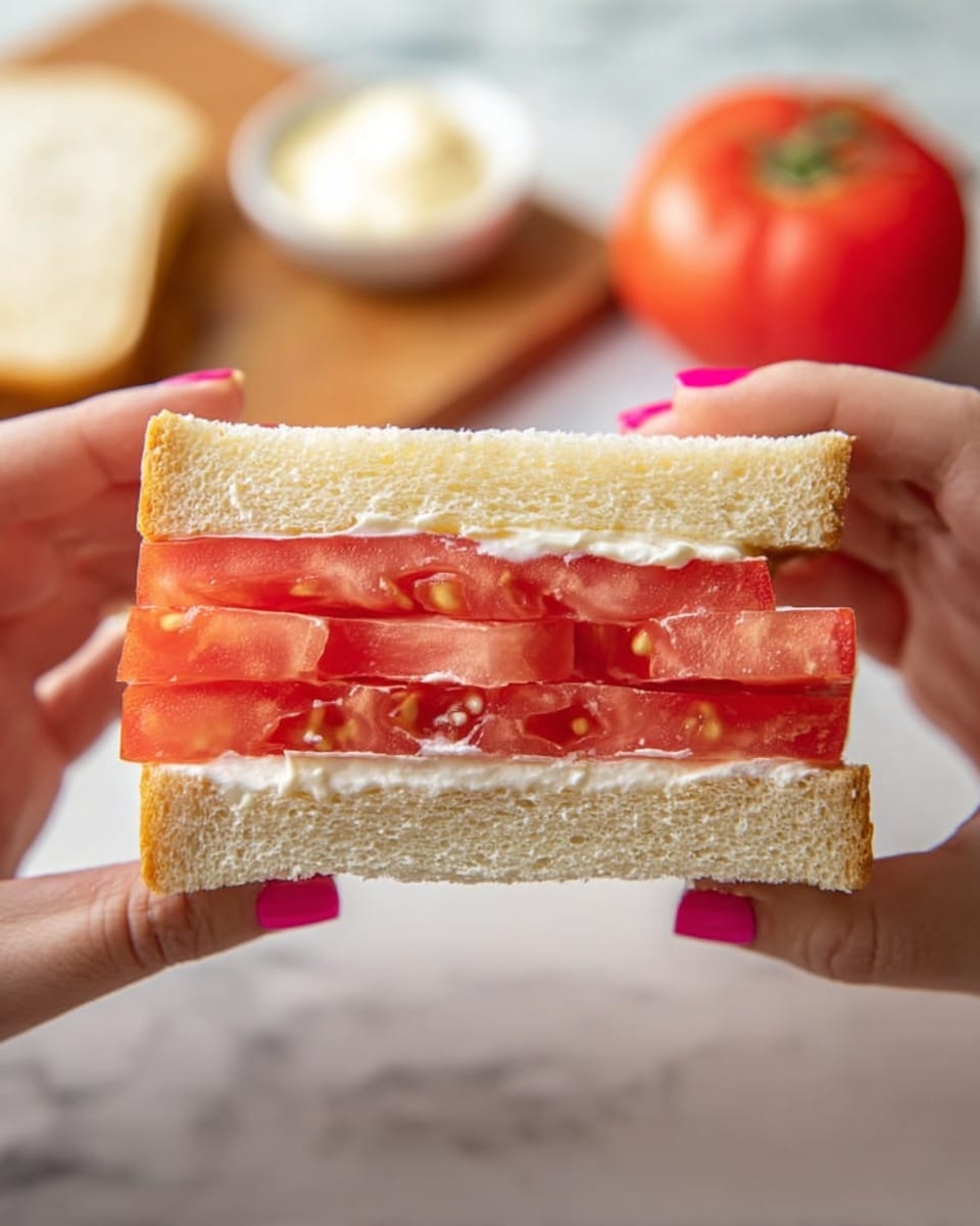 A close-up view of a sandwich held by a woman's hands with bright pink nails, showing two layers of thick, bright red tomato slices stacked between three slices of soft white bread. A layer of creamy white spread is visible between the bread and tomatoes. The background is a white marbled surface with a blurred whole tomato and a small white bowl with mayonnaise visible in the distance. Photo taken with an iphone --ar 4:5 --v 7