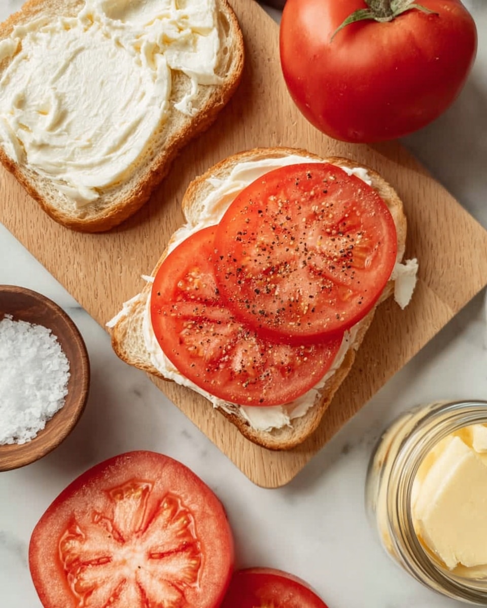 The image shows a simple sandwich cut in half and stacked, with two slices of light brown bread. Inside, there are thick slices of red tomato layered with white creamy mayonnaise spread evenly on both slices of bread. The sandwich is placed on a light wooden surface with a large red tomato on the left side and a jar of yellow mayonnaise with a black and white label on the right side. The background has a white marbled texture. Photo taken with an iphone --ar 4:5 --v 7
