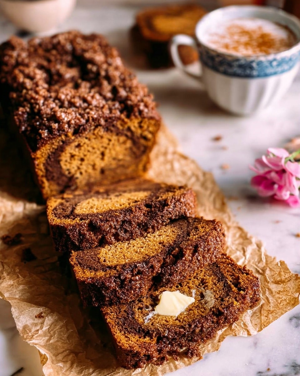 The image shows three slices of dark brown loaf cake with a crumbly, rough texture on top, placed on crumpled brown parchment paper over a white marbled surface. The slices reveal a moist inside with visible swirls and a small melting pat of golden butter on one slice. In the background, there is a full loaf with a cracked top edge and a dark crumble topping. To the right, a white cup with a blue pattern holds a frothy drink with a sprinkle of brown powder on top. A small pink flower in a white cup softly blurs in the background, adding a gentle touch. Photo taken with an iphone --ar 4:5 --v 7