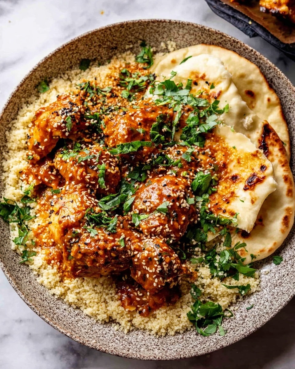 A gray speckled round plate holds a layered dish starting with a base of white couscous with a grainy texture spread over the bottom. On top are three pieces of dark brown grilled chicken coated in a thick, creamy orange sauce, sprinkled with small sesame seeds. Fresh green cilantro leaves are scattered on the chicken and couscous, adding bright color. To the side, there is a folded piece of white naan bread with golden brown toasted spots. The plate is set on a dark surface, with part of a second white plate and naan visible in the background. Photo taken with an iphone --ar 4:5 --v 7