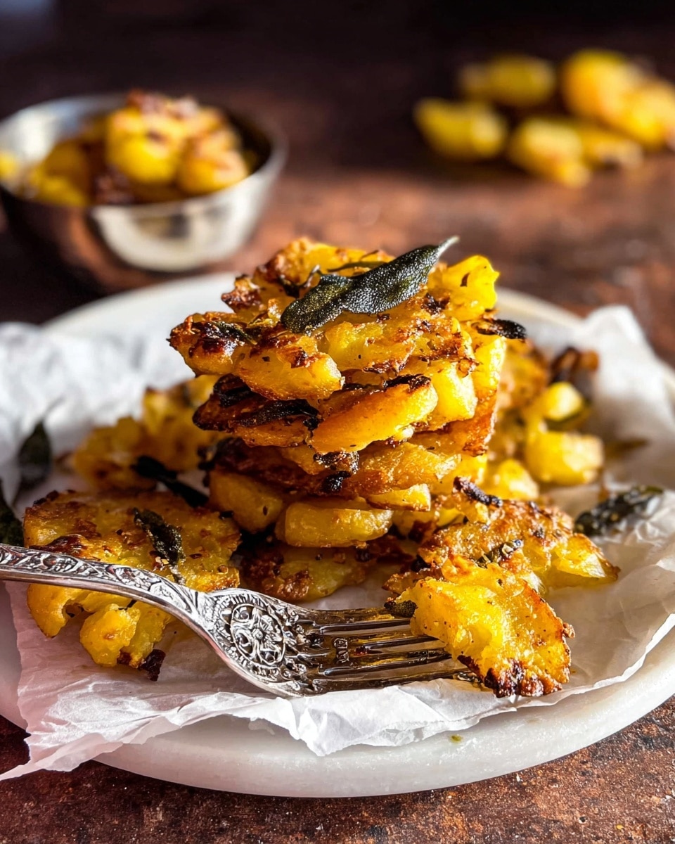 A stack of crispy, golden-yellow smashed potatoes with browned edges sits on a white plate lined with parchment paper, mixed with scattered dark green fried sage leaves throughout. The potatoes have a rough, uneven texture with some parts more crunchy and darkened from roasting. In the foreground, a piece of the potato is held by a woman's hand with a silver fork ornate with cut-out designs, resting on a white marbled surface. In the blurred background, a small metal bowl holds more pieces of the smashed potatoes. The lighting is warm and natural, highlighting the crispy texture and vibrant colors. photo taken with an iphone --ar 4:5 --v 7