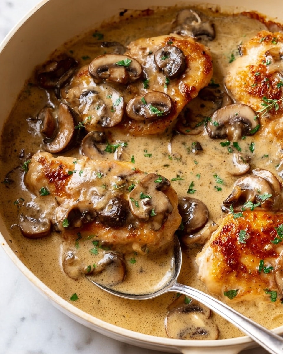 The image shows a close-up of two golden brown chicken pieces partially covered with a creamy light brown mushroom sauce filled with sliced mushrooms. The sauce has a smooth, thick texture that glistens under light, garnished with small green herb leaves scattered on top. The chicken appears tender with a slightly crispy outer layer, and the mushrooms are soft and slightly darkened. The food is inside a white cast iron pan resting on a white marbled surface, with a large silver spoon dipping slightly into the sauce. Photo taken with an iphone --ar 4:5 --v 7