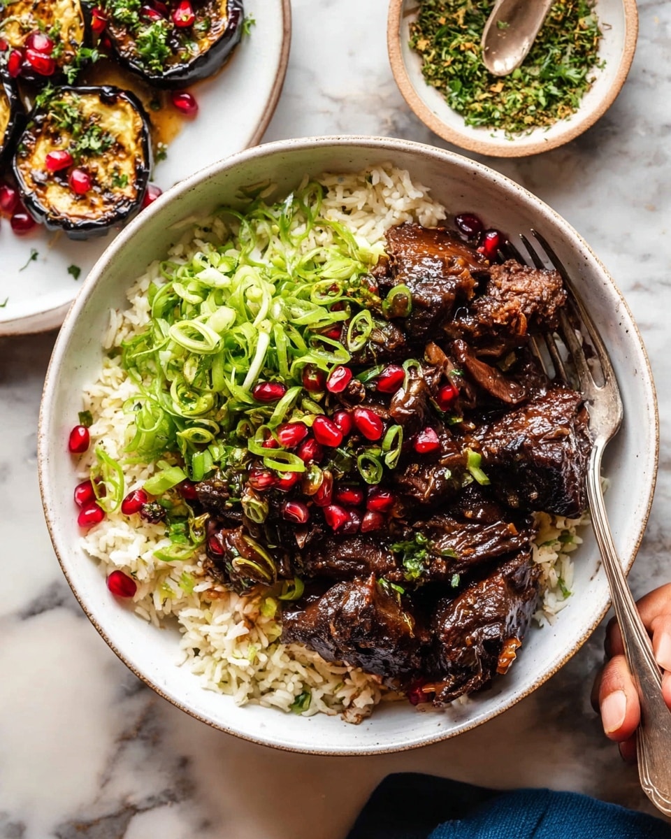 The image shows a white plate filled with a layer of white rice, topped by two pieces of dark brown glazed meat with visible red chili flakes, giving the meat a shiny and sticky texture. Behind the meat and rice, there is a cluster of bright green leafy vegetables adding fresh color contrast. The plate rests on a white marbled surface, creating a clean and elegant background. photo taken with an iphone --ar 4:5 --v 7