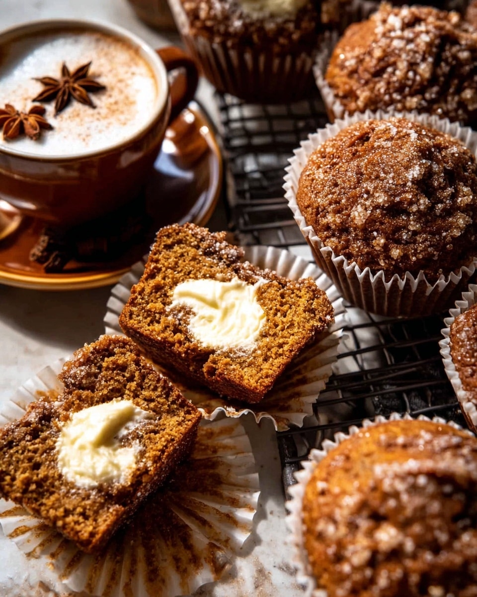The image shows several muffins with a rough textured brown top sprinkled with coarse sugar crystals, and a creamy white filling visible in the center of some muffins. One muffin is split in half, revealing a thick white cream layer inside with a soft crumbly texture surrounding it. The muffins sit on white paper cupcake liners and a dark cooling rack on a white marbled surface. Behind the muffins is a brown cup on a saucer filled with a frothy drink topped with a star anise spice. The overall colors are warm browns mixed with creamy white contrasts, with soft natural light highlighting the textures. photo taken with an iphone --ar 4:5 --v 7