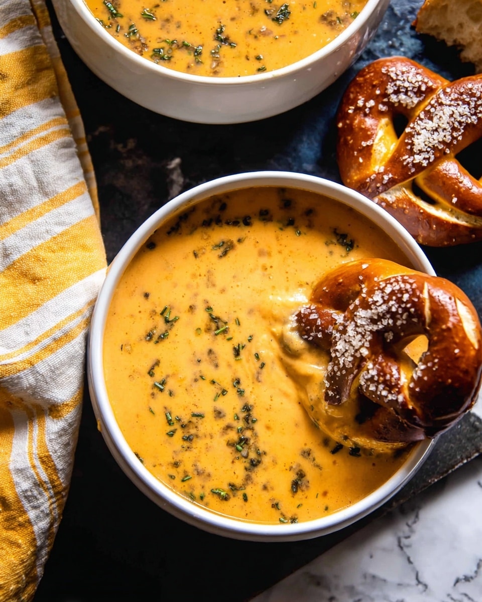 A white bowl is filled with thick, creamy orange soup with green herbs sprinkled on top. Part of a soft pretzel with shiny brown skin and white salt crystals is dipped into the soup on the right side of the bowl. Another white bowl filled with the same soup is visible in the upper right corner. Two soft pretzels sit on the dark surface nearby, one whole and one torn. A yellow and white striped cloth is partially visible on the left side. The background is a white marbled texture. photo taken with an iphone --ar 4:5 --v 7